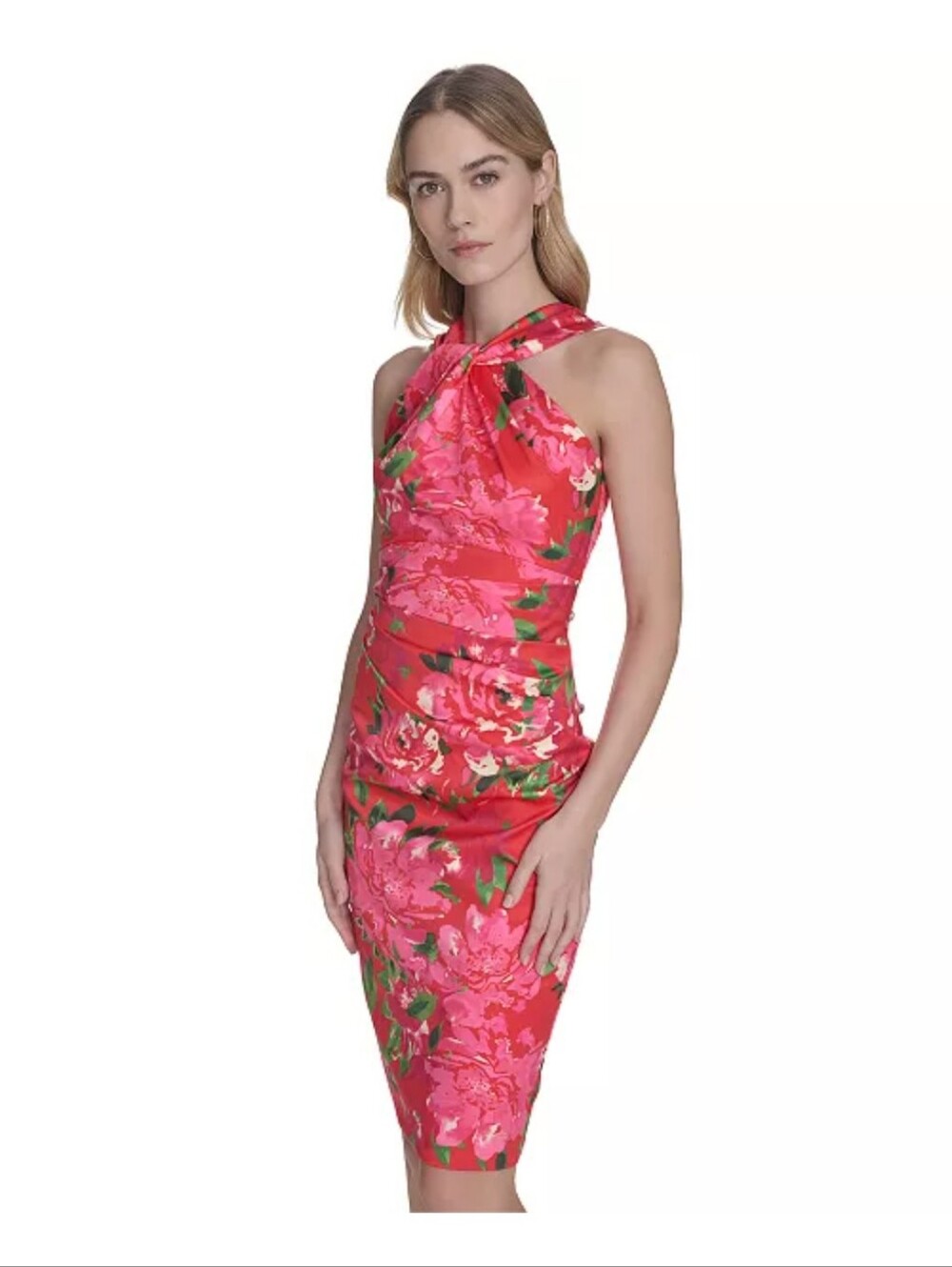 Eliza J Floral Ruched Sheath Dress Size 8 Pink Red Cocktail Wedding Guest $168